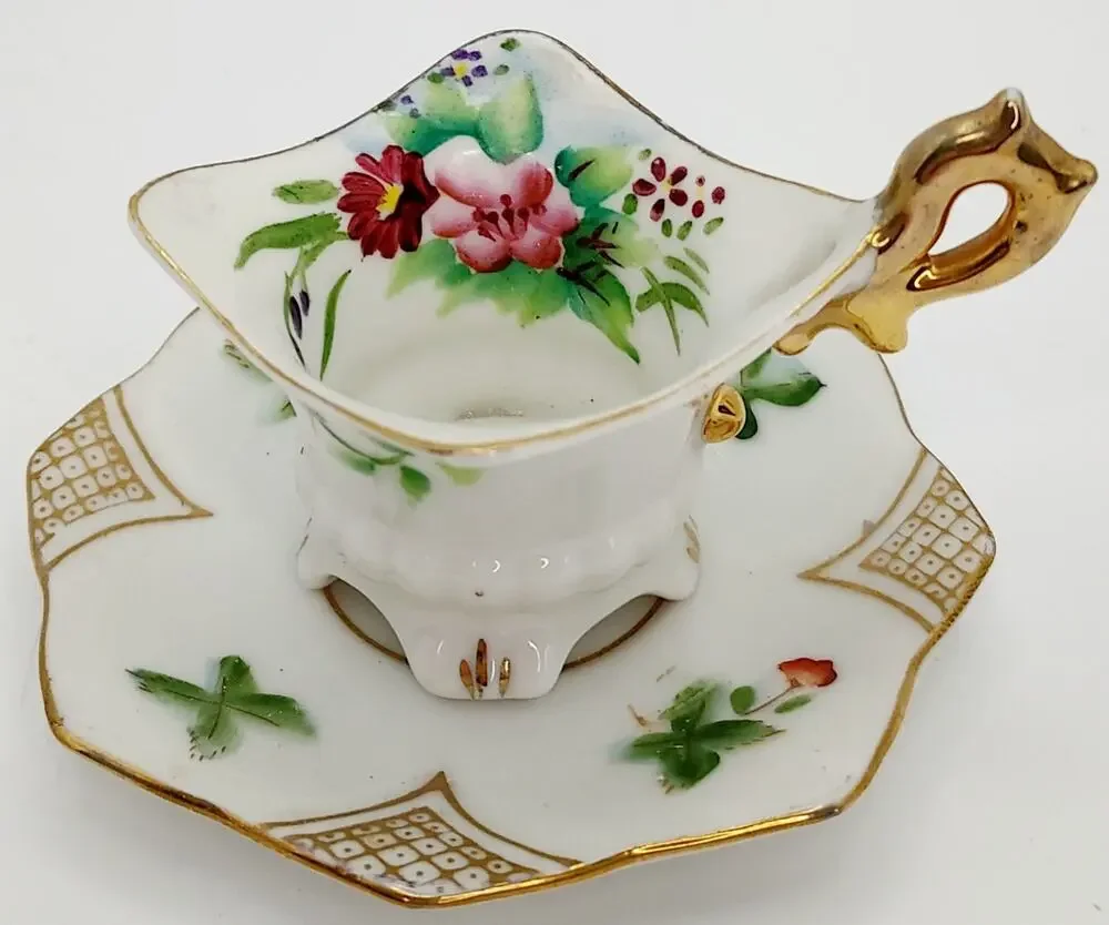 VTG Japanese Miniature Demitasse Footed Teacup And Saucer Floral Gold Tone Trim